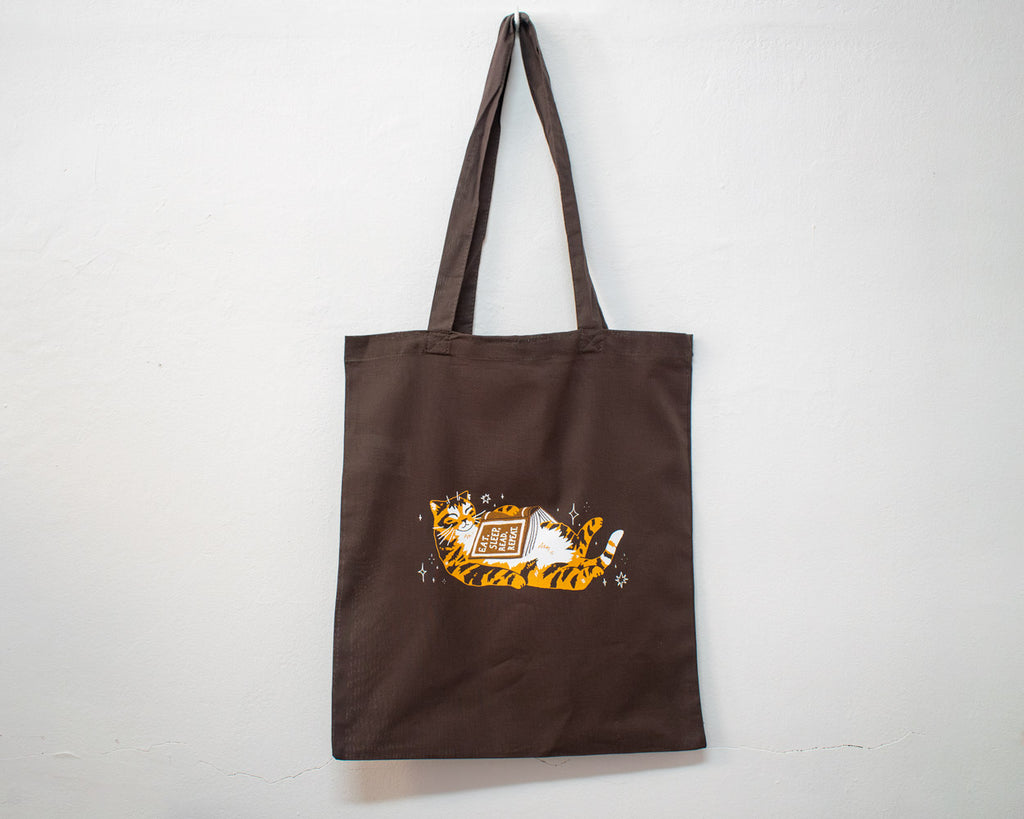 Eat, sleep, read, repeat - Screen Printed brow Tote Bag (brown)