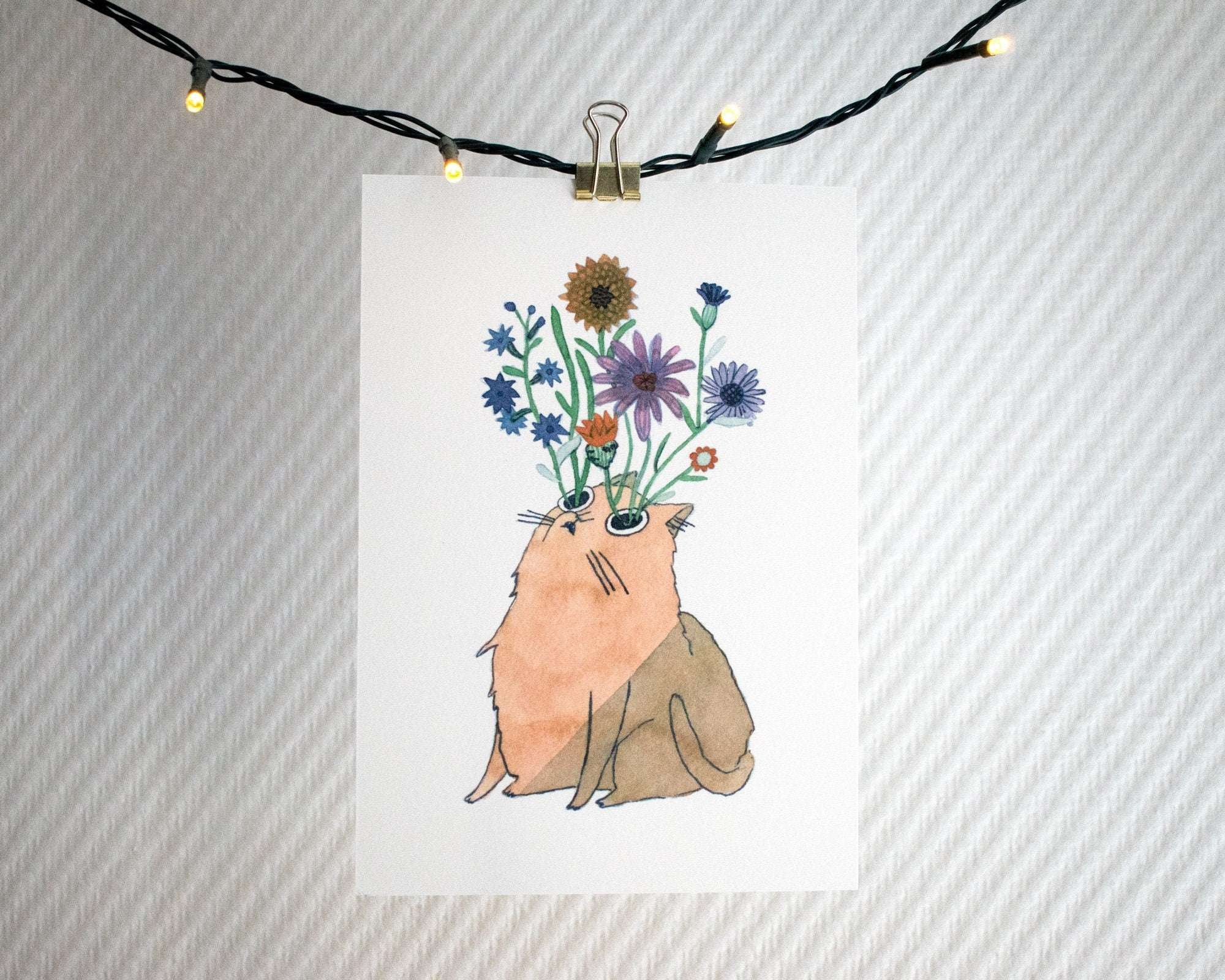 Blooming Cat Eyes | Watercolor Art Print, Cat Painting, Exotic Plant Art, Animal Illustration, Flower bouquet, Aquarelle Painting, Whimsical