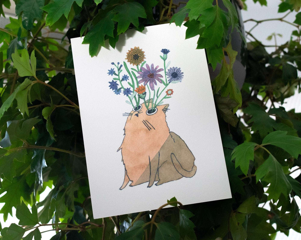 Blooming Cat Eyes | Watercolor Art Print, Cat Painting, Exotic Plant Art, Animal Illustration, Flower bouquet, Aquarelle Painting, Whimsical
