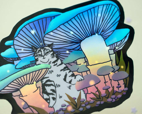 Mushroom Forest | Holographic Vinyl Stickers, Cat Stickers, Vinyl Cat Stickers, Kawaii Sticker, Water Bottle Sticker, Laptop Stickers