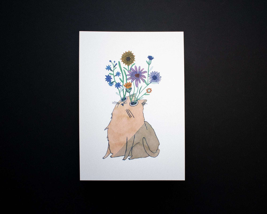 Blooming Cat Eyes | Watercolor Art Print, Cat Painting, Exotic Plant Art, Animal Illustration, Flower bouquet, Aquarelle Painting, Whimsical