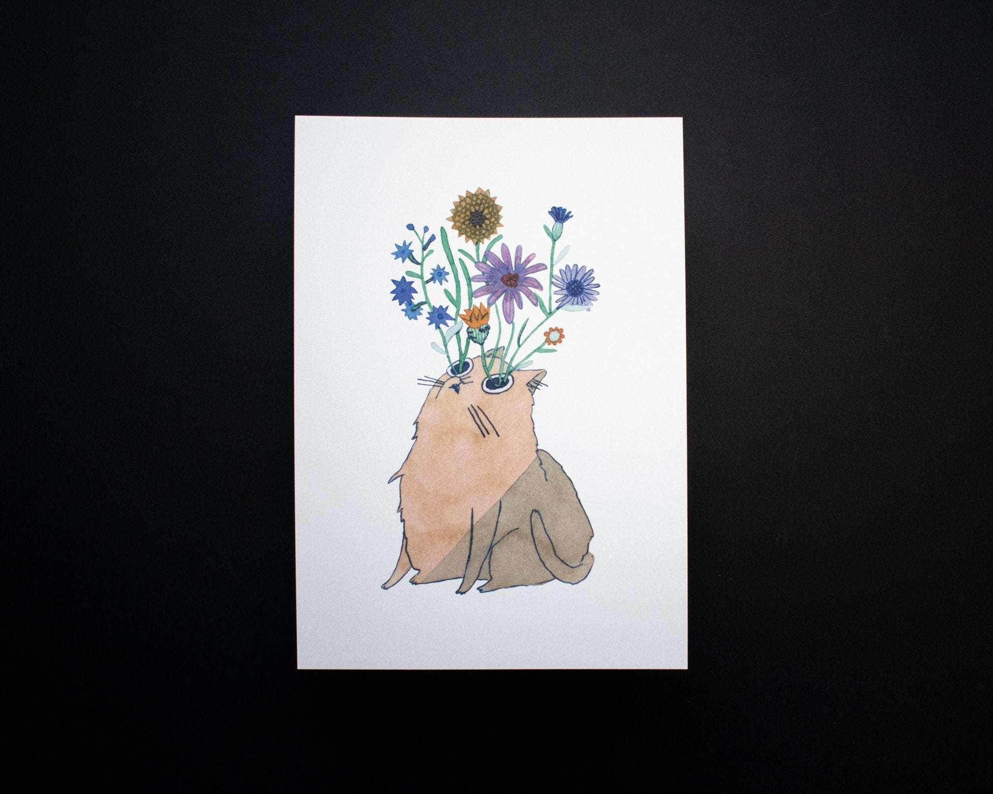 Blooming Cat Eyes | Watercolor Art Print, Cat Painting, Exotic Plant Art, Animal Illustration, Flower bouquet, Aquarelle Painting, Whimsical