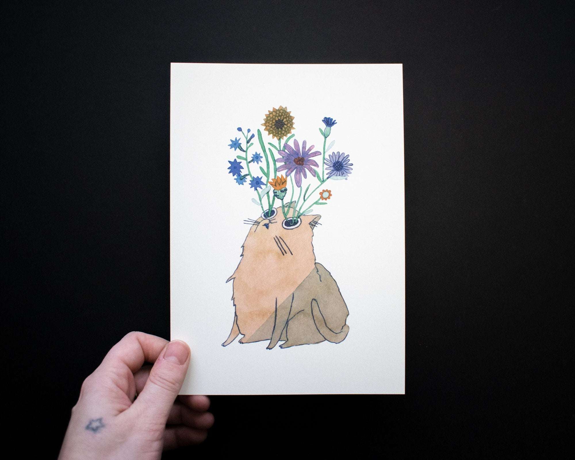 Blooming Cat Eyes | Watercolor Art Print, Cat Painting, Exotic Plant Art, Animal Illustration, Flower bouquet, Aquarelle Painting, Whimsical