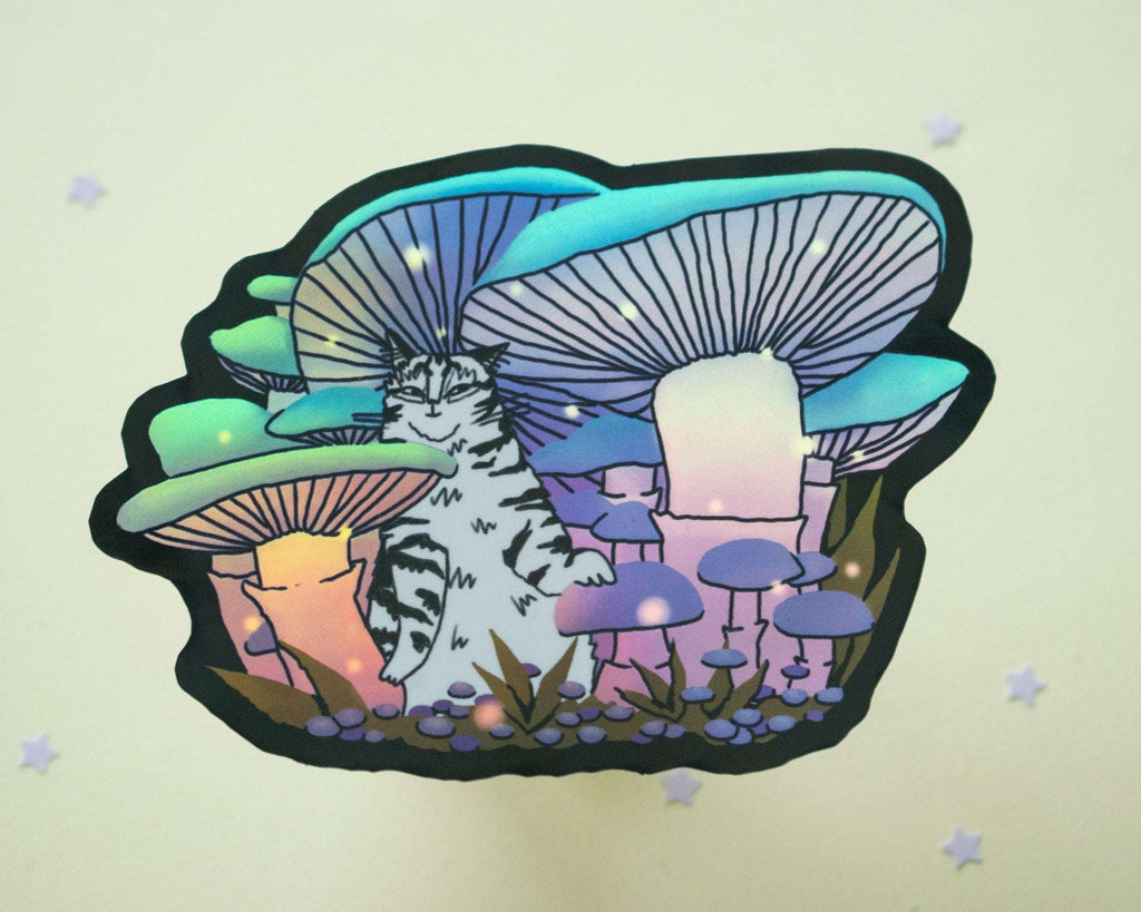 Mushroom Forest | Holographic Vinyl Stickers, Cat Stickers, Vinyl Cat Stickers, Kawaii Sticker, Water Bottle Sticker, Laptop Stickers