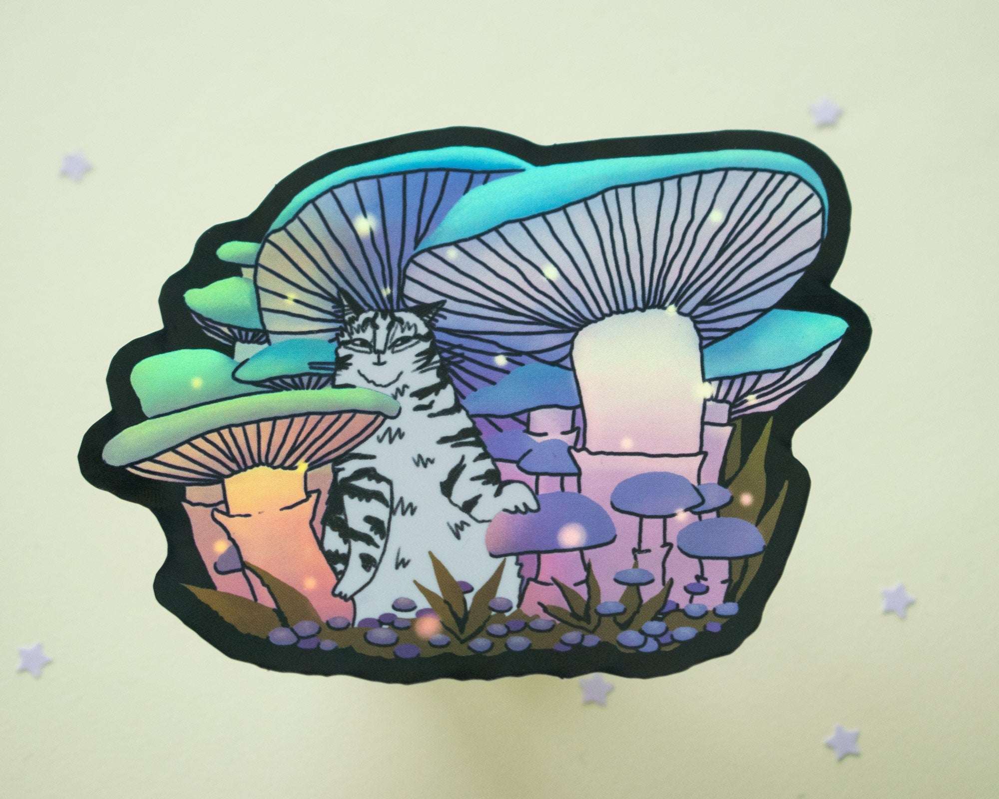 Mushroom Forest | Holographic Vinyl Stickers, Cat Stickers, Vinyl Cat Stickers, Kawaii Sticker, Water Bottle Sticker, Laptop Stickers