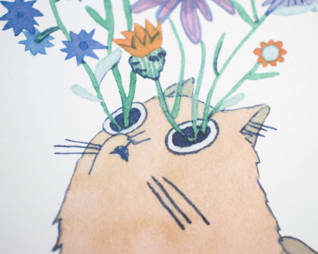 Blooming Cat Eyes | Watercolor Art Print, Cat Painting, Exotic Plant Art, Animal Illustration, Flower bouquet, Aquarelle Painting, Whimsical