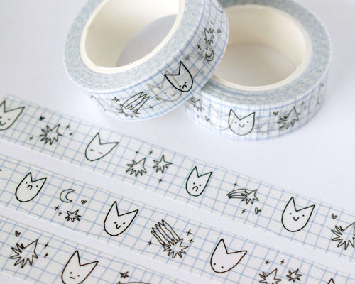 Cute Cat Washi Tape | 15mm x 10m Kawaii stationery with black and white illustration and pastel blue checkered bg for planners, scrapbooks