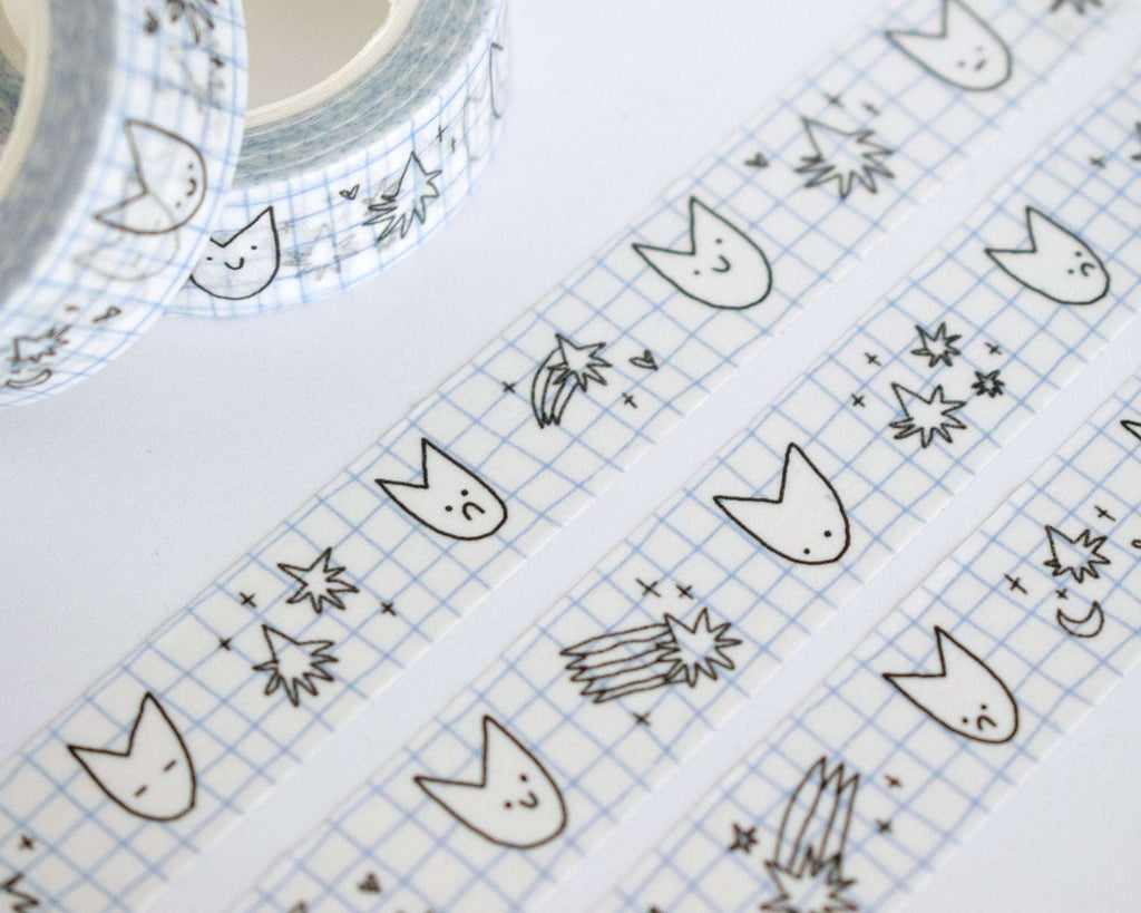 Cute Cat Washi Tape | 15mm x 10m Kawaii stationery with black and white illustration and pastel blue checkered bg for planners, scrapbooks