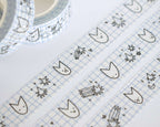Cute Cat Washi Tape | 15mm x 10m Kawaii stationery with black and white illustration and pastel blue checkered bg for planners, scrapbooks