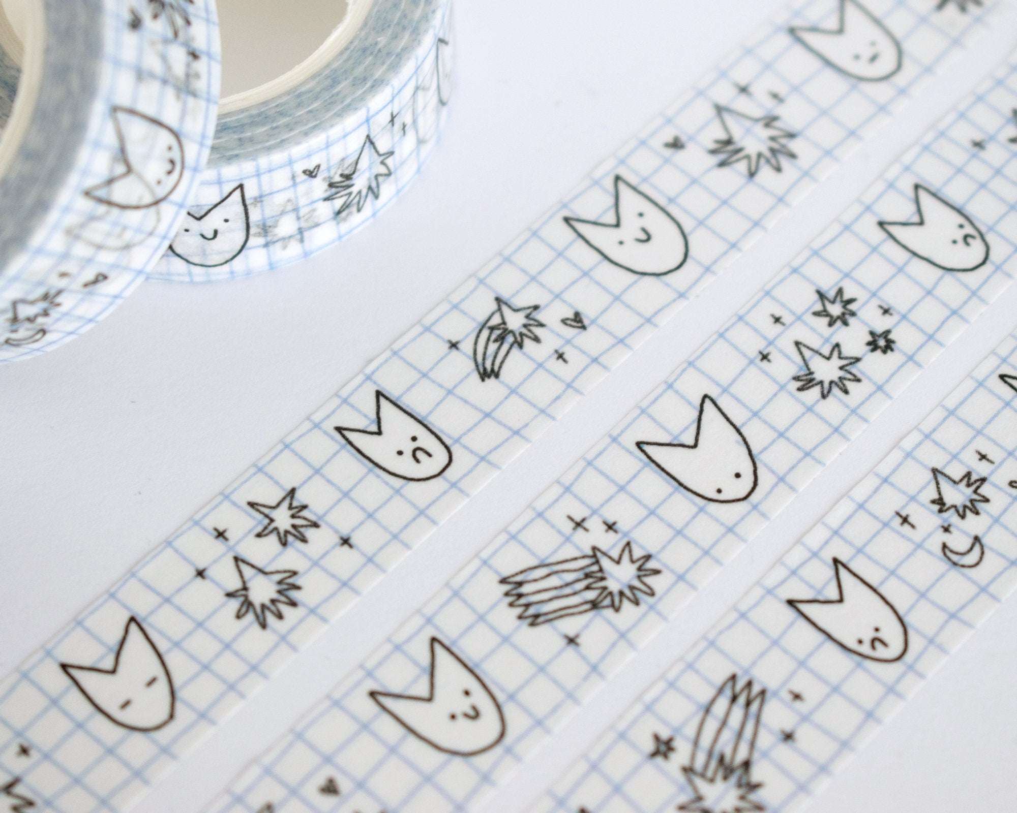 Cute Cat Washi Tape | 15mm x 10m Kawaii stationery with black and white illustration and pastel blue checkered bg for planners, scrapbooks
