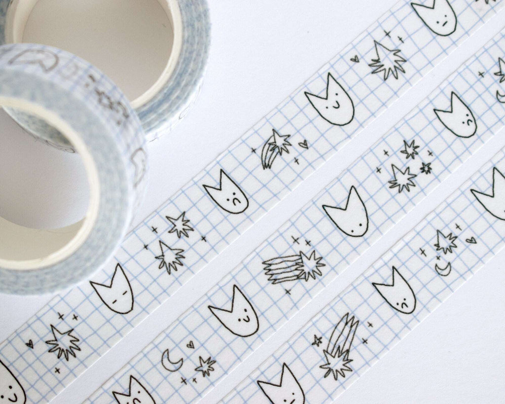 Cute Cat Washi Tape | 15mm x 10m Kawaii stationery with black and white illustration and pastel blue checkered bg for planners, scrapbooks