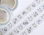 Cute Cat Washi Tape | 15mm x 10m Kawaii stationery with black and white illustration and pastel blue checkered bg for planners, scrapbooks