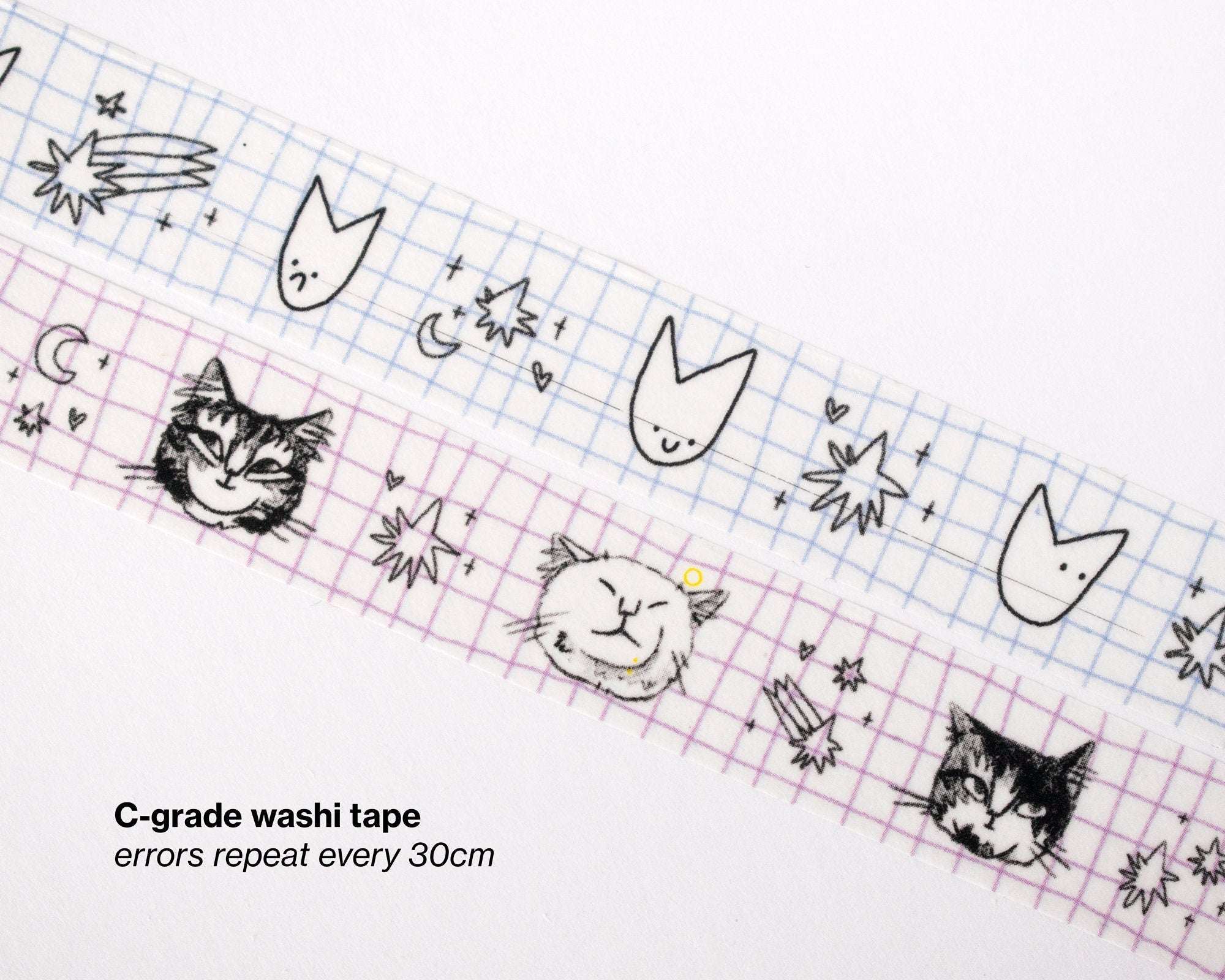 Cute Cat Washi Tape | 15mm x 10m Kawaii stationery with black and white illustration and pastel blue checkered bg for planners, scrapbooks