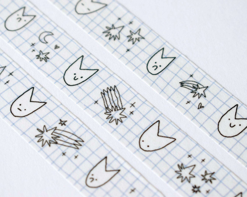 Cute Cat Washi Tape | 15mm x 10m Kawaii stationery with black and white illustration and pastel blue checkered bg for planners, scrapbooks
