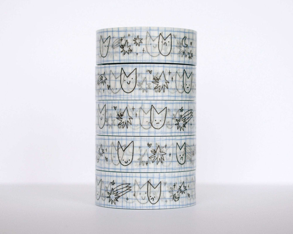 Cute Cat Washi Tape | 15mm x 10m Kawaii stationery with black and white illustration and pastel blue checkered bg for planners, scrapbooks
