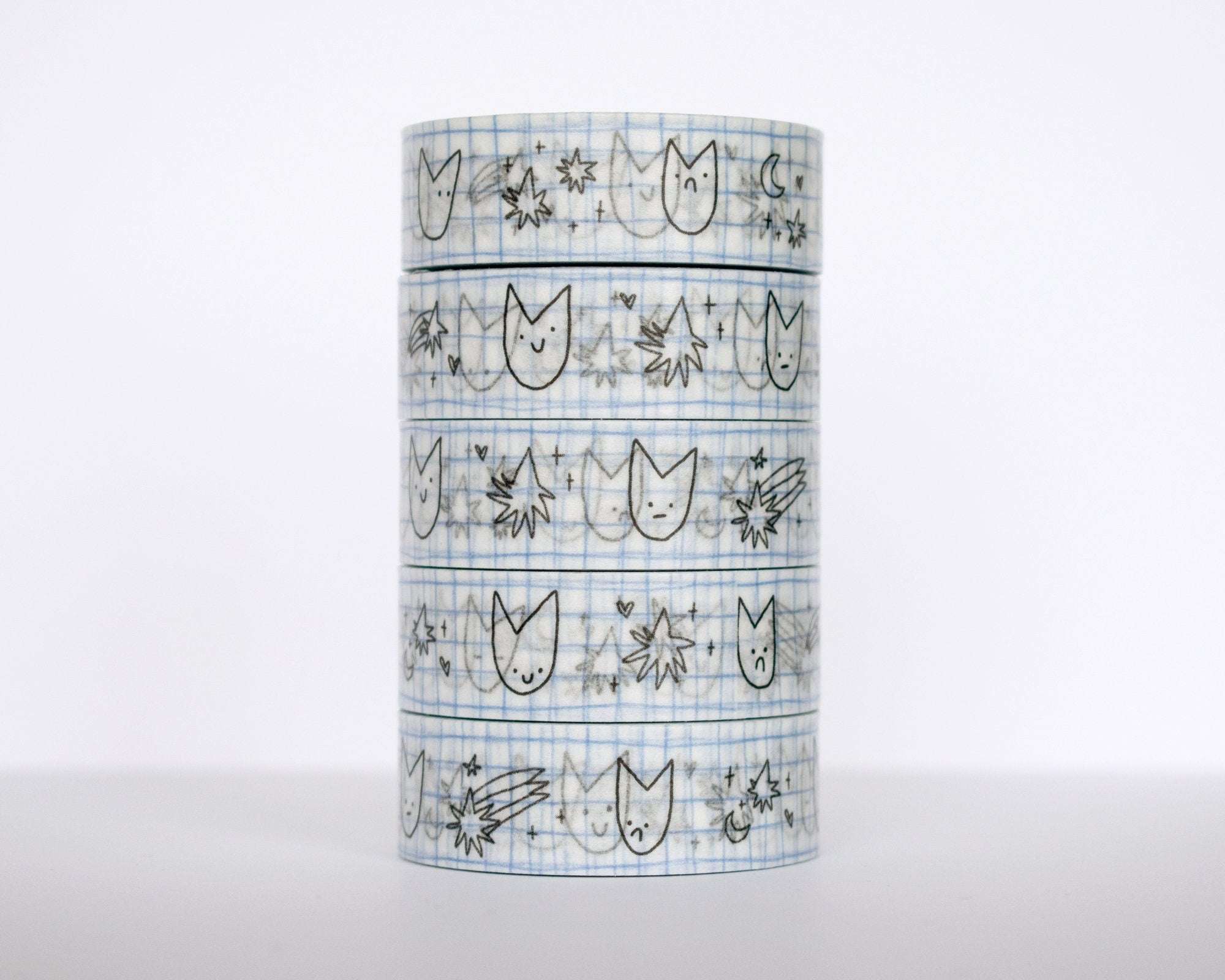 Cute Cat Washi Tape | 15mm x 10m Kawaii stationery with black and white illustration and pastel blue checkered bg for planners, scrapbooks