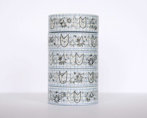 Cute Cat Washi Tape | 15mm x 10m Kawaii stationery with black and white illustration and pastel blue checkered bg for planners, scrapbooks