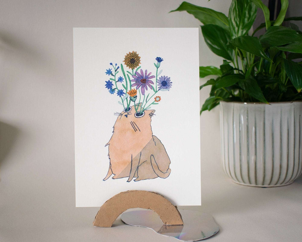 Blooming Cat Eyes | Watercolor Art Print, Cat Painting, Exotic Plant Art, Animal Illustration, Flower bouquet, Aquarelle Painting, Whimsical