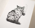 Gentlemen | Art Print, Cat Painting, Animal Illustration, Whimsical wall decor, black and white sketch, line drawing, Smoking a pipe, tabby