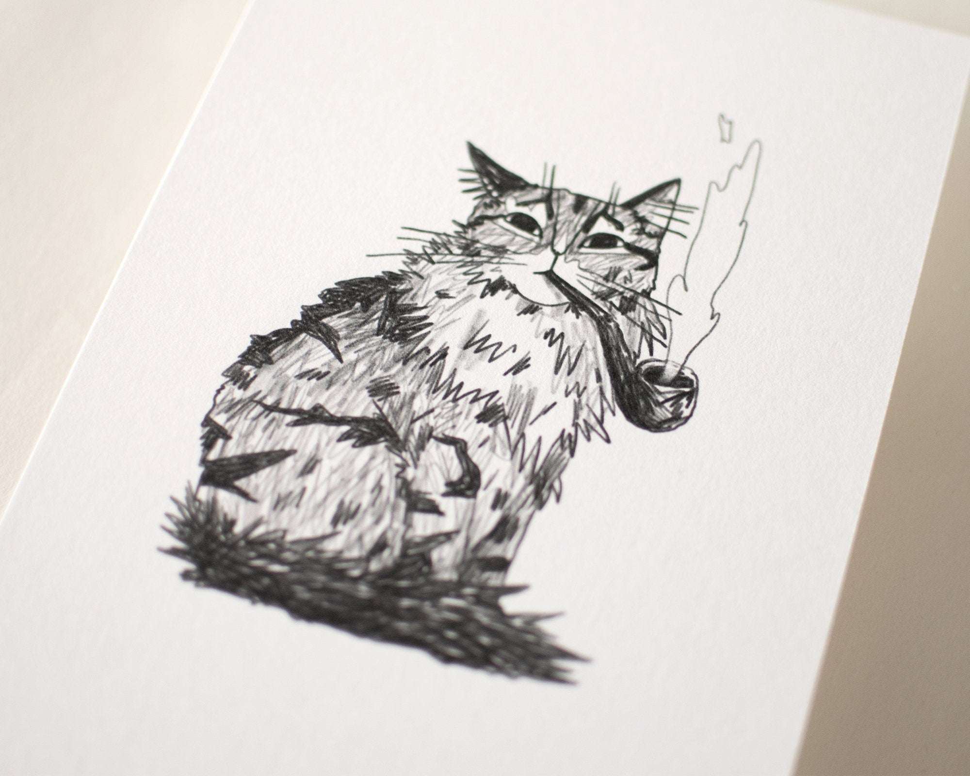 Gentlemen | Art Print, Cat Painting, Animal Illustration, Whimsical wall decor, black and white sketch, line drawing, Smoking a pipe, tabby
