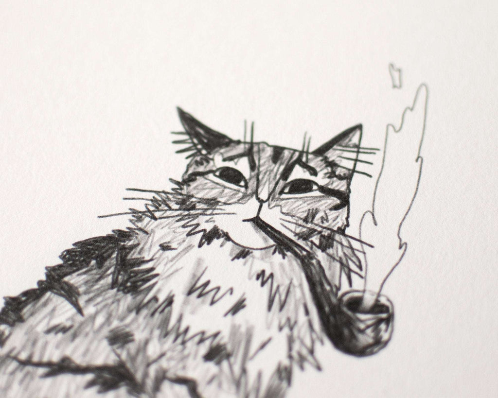 Gentlemen | Art Print, Cat Painting, Animal Illustration, Whimsical wall decor, black and white sketch, line drawing, Smoking a pipe, tabby