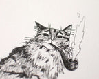 Gentlemen | Art Print, Cat Painting, Animal Illustration, Whimsical wall decor, black and white sketch, line drawing, Smoking a pipe, tabby