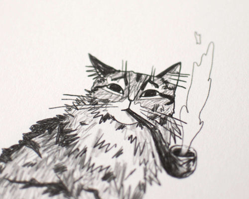 Gentlemen | Art Print, Cat Painting, Animal Illustration, Whimsical wall decor, black and white sketch, line drawing, Smoking a pipe, tabby