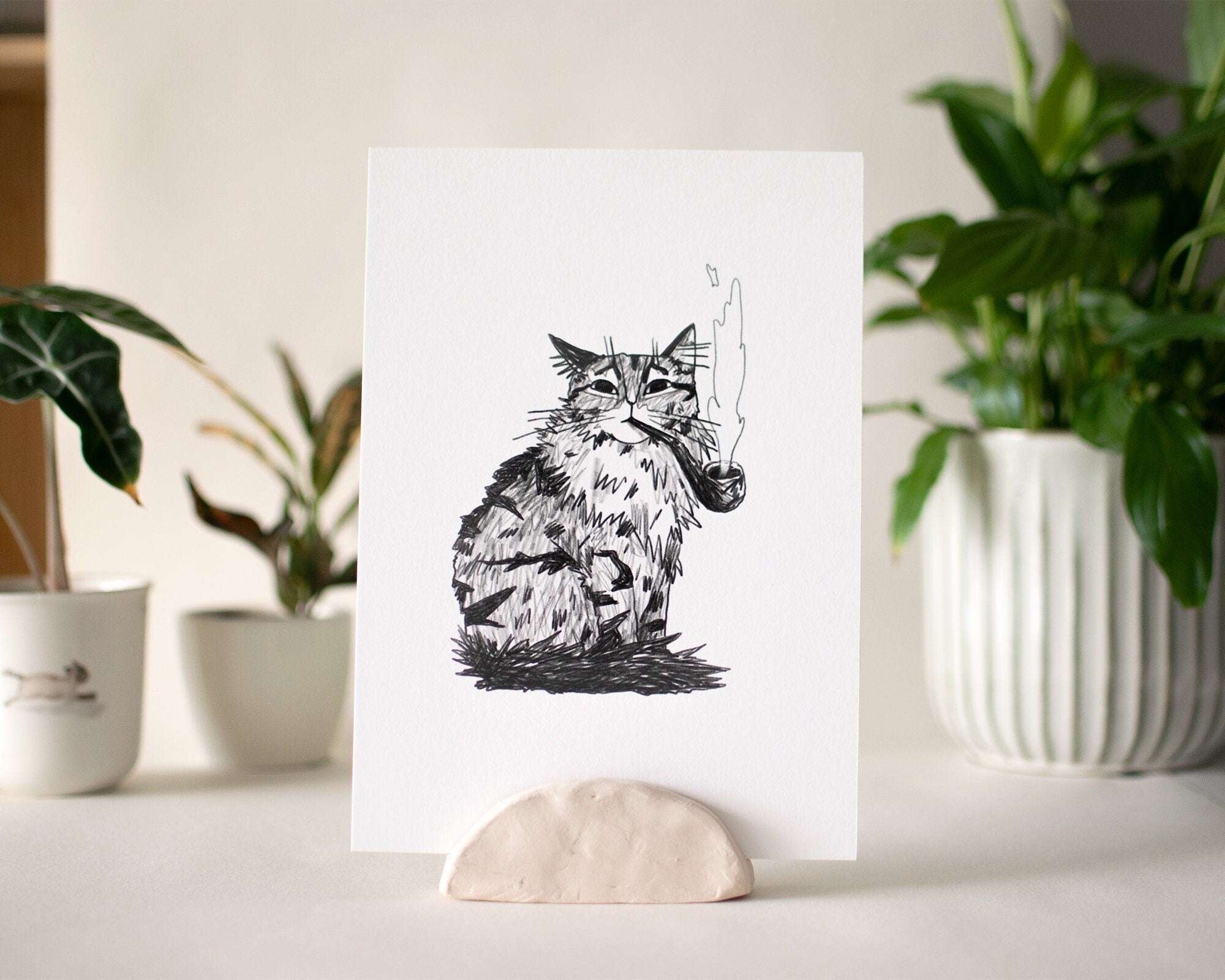 Gentlemen | Art Print, Cat Painting, Animal Illustration, Whimsical wall decor, black and white sketch, line drawing, Smoking a pipe, tabby