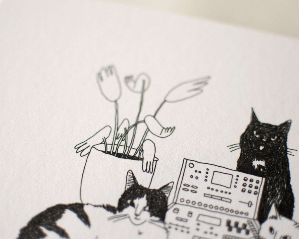 Sound | Art Print, Cat drawing, Animal Illustration, Whimsical wall decor, black & white sketch, line drawing, DJ controller, Music studio