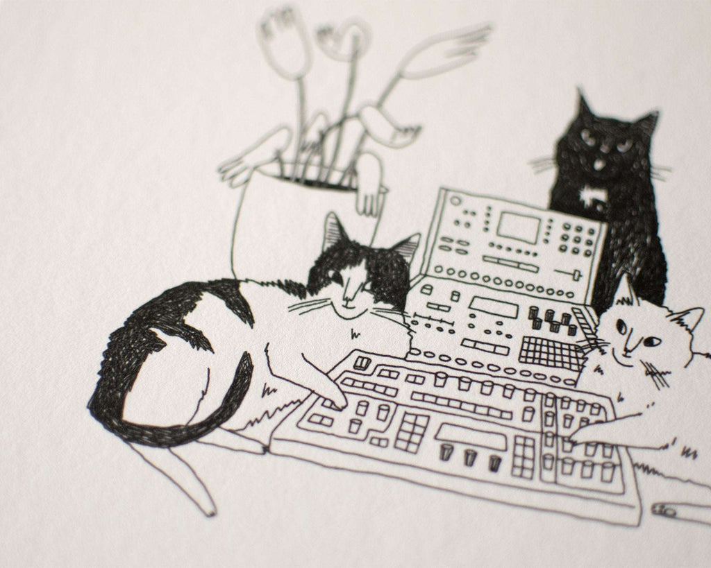 Sound | Art Print, Cat drawing, Animal Illustration, Whimsical wall decor, black & white sketch, line drawing, DJ controller, Music studio