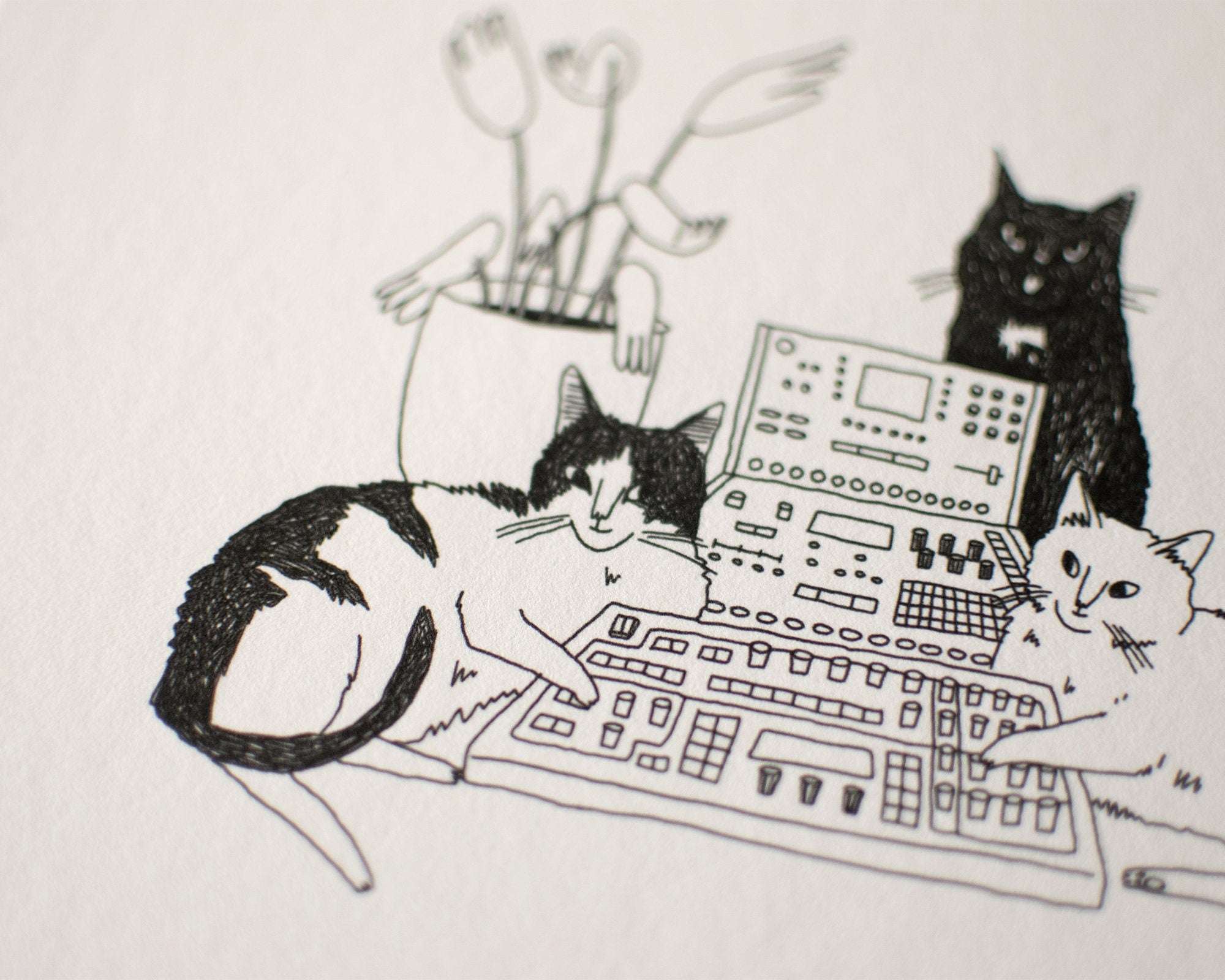 Sound | Art Print, Cat drawing, Animal Illustration, Whimsical wall decor, black & white sketch, line drawing, DJ controller, Music studio