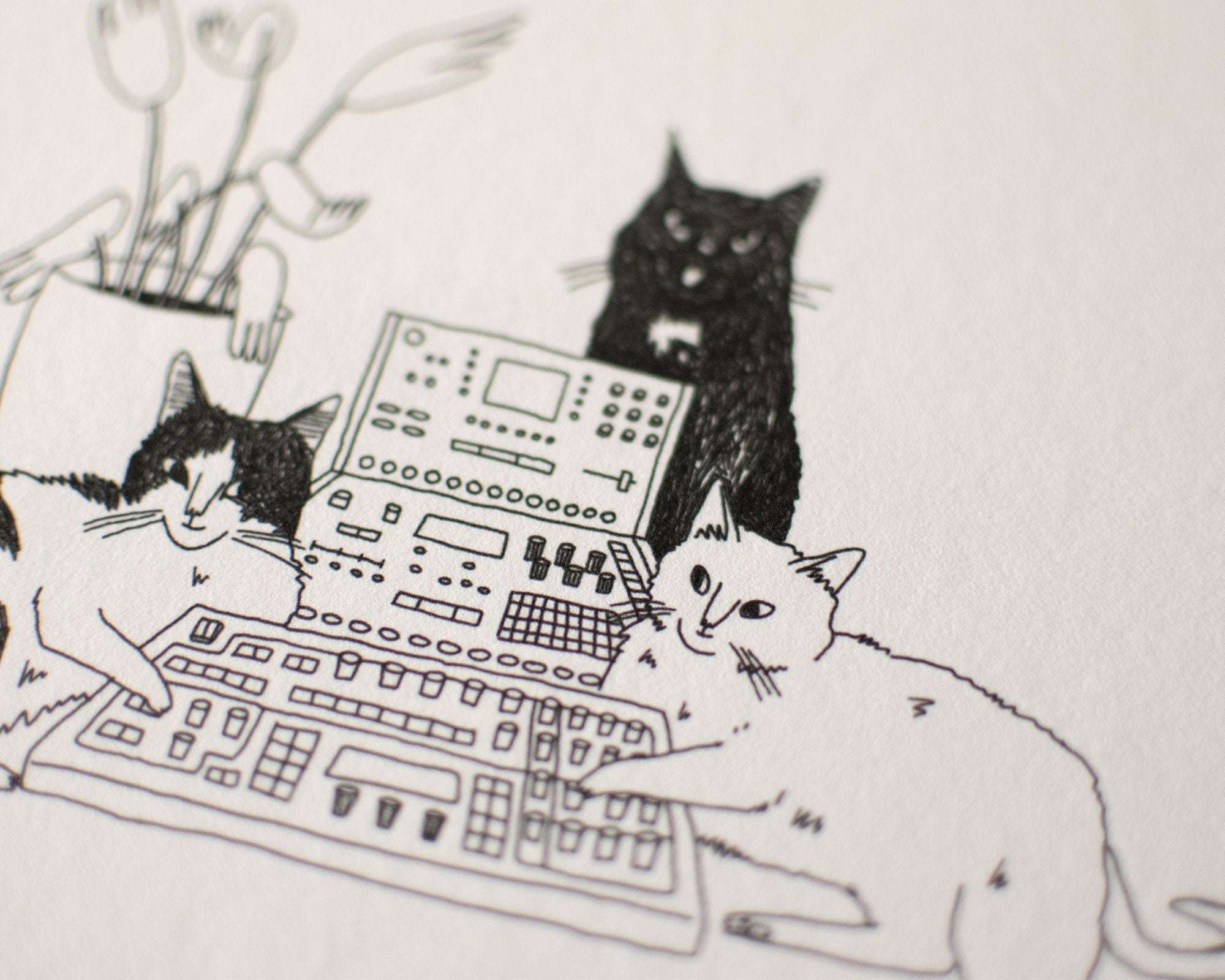 Sound | Art Print, Cat drawing, Animal Illustration, Whimsical wall decor, black & white sketch, line drawing, DJ controller, Music studio