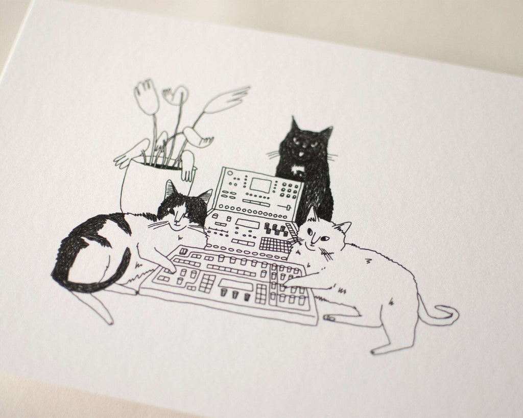 Sound | Art Print, Cat drawing, Animal Illustration, Whimsical wall decor, black & white sketch, line drawing, DJ controller, Music studio