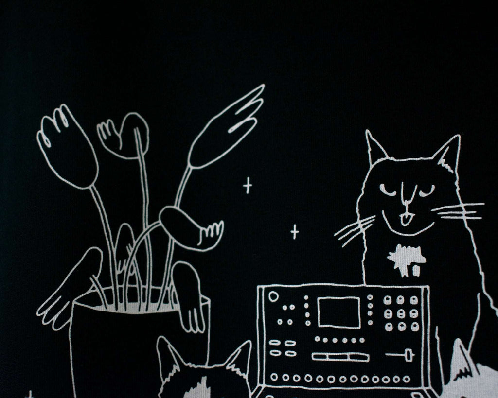 Illustrated Cats on Synthesizer T-Shirt: Hand Screen Printed Organic Cotton