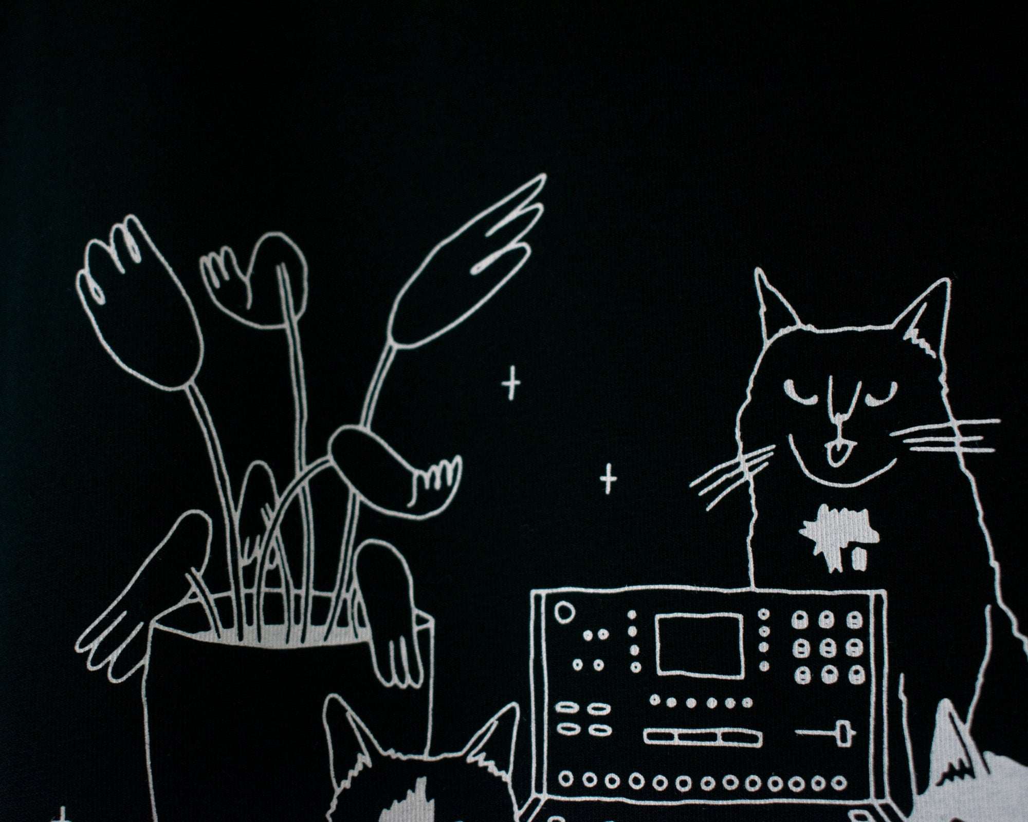 Illustrated Cats on Synthesizer T-Shirt: Hand Screen Printed Organic Cotton