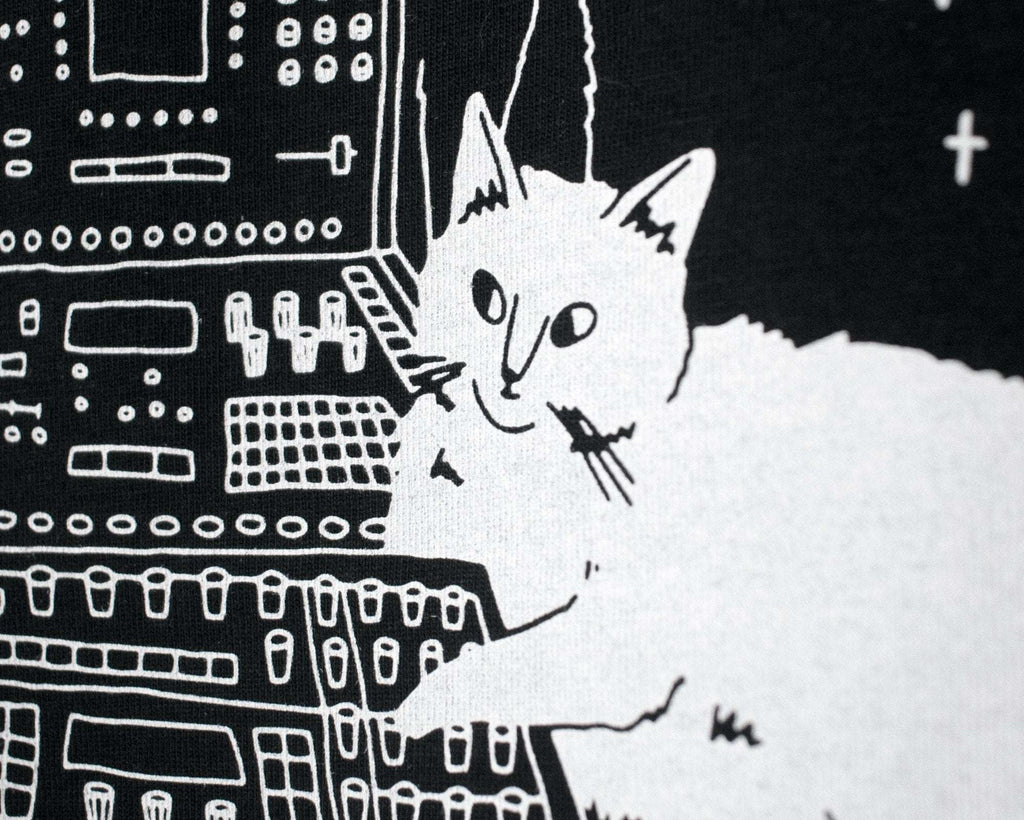 Illustrated Cats on Synthesizer T-Shirt: Hand Screen Printed Organic Cotton