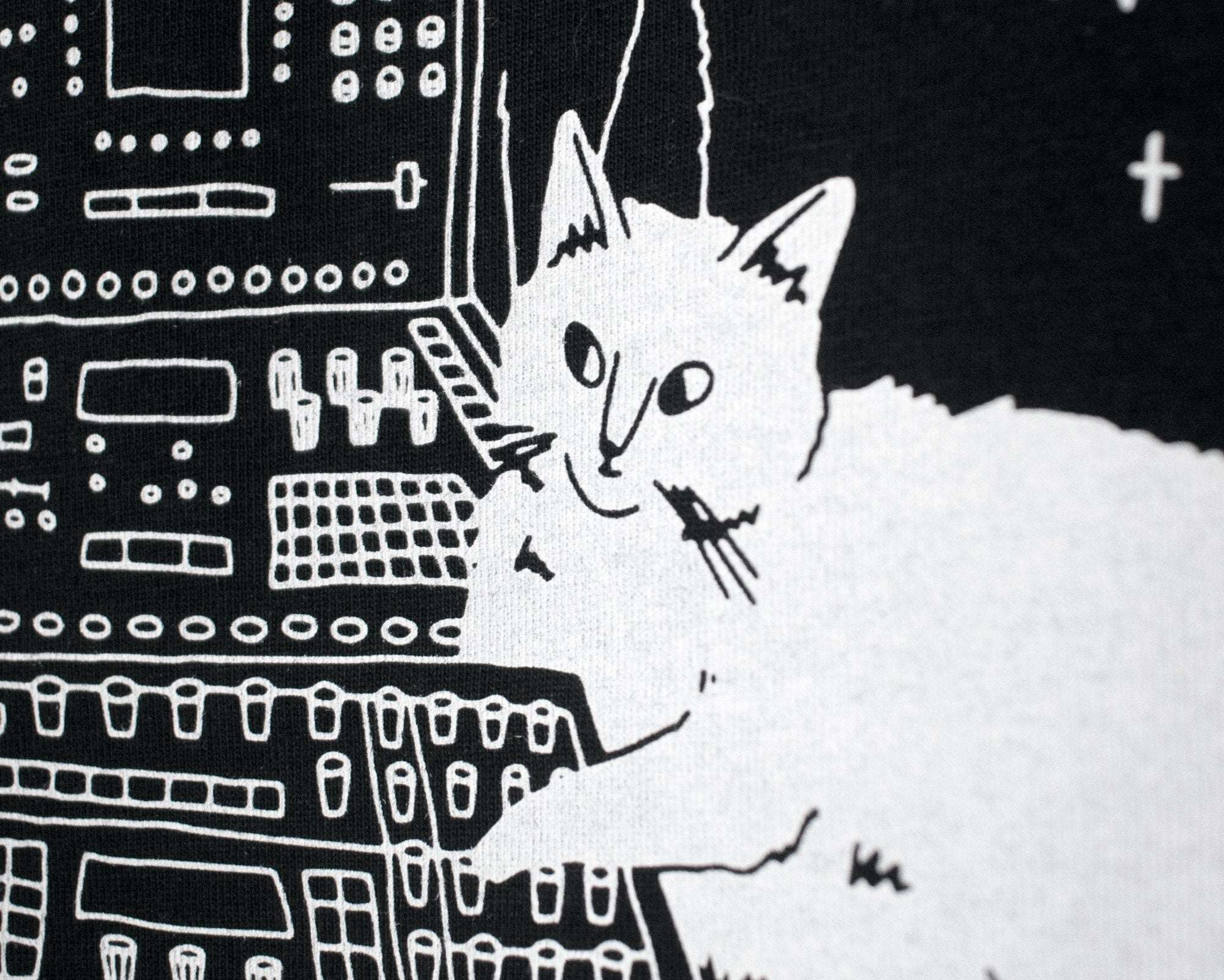 Illustrated Cats on Synthesizer T-Shirt: Hand Screen Printed Organic Cotton