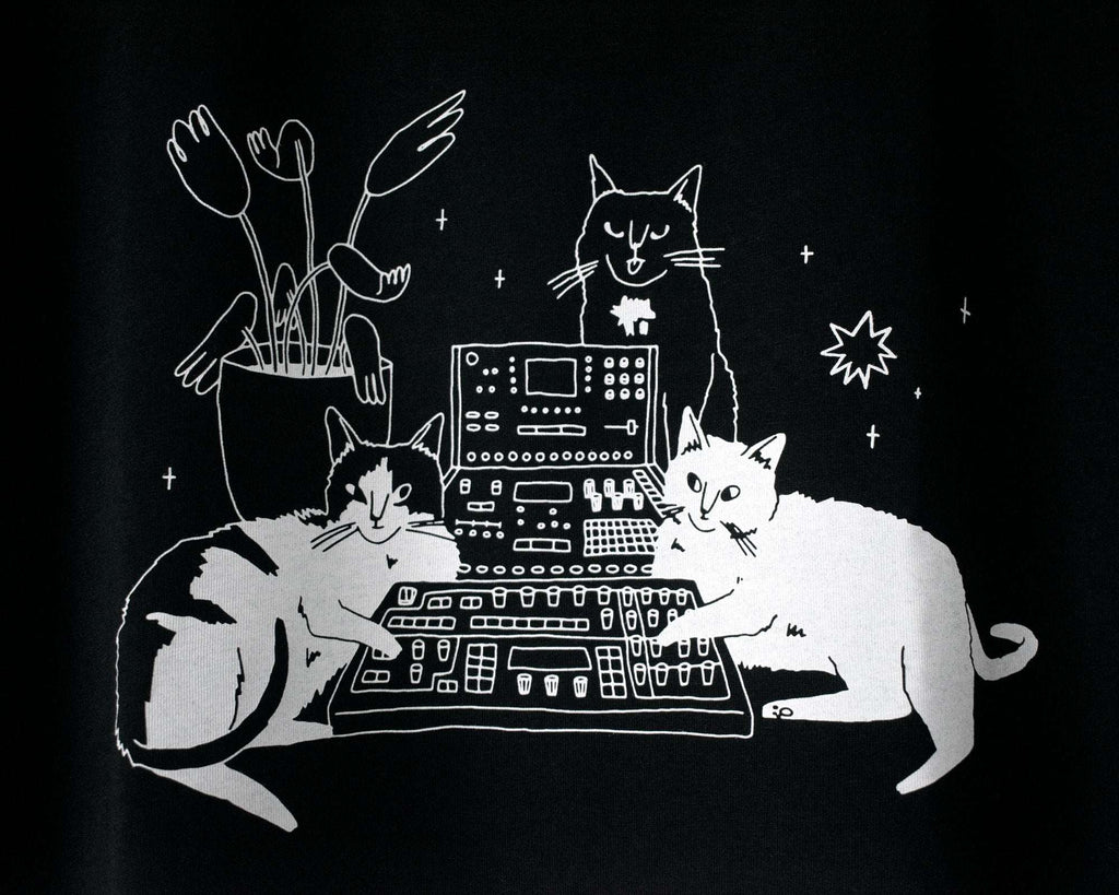 Illustrated Cats on Synthesizer T-Shirt: Hand Screen Printed Organic Cotton