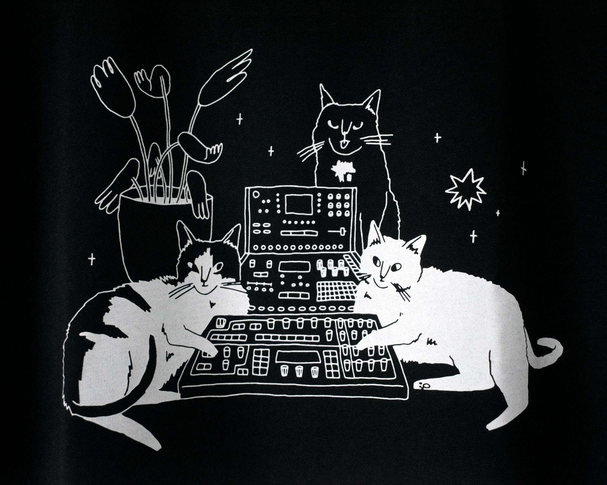 Illustrated Cats on Synthesizer T-Shirt: Hand Screen Printed Organic Cotton