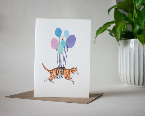 Balloon Cat Greeting Card: Watercolor Birthday, Baby Shower