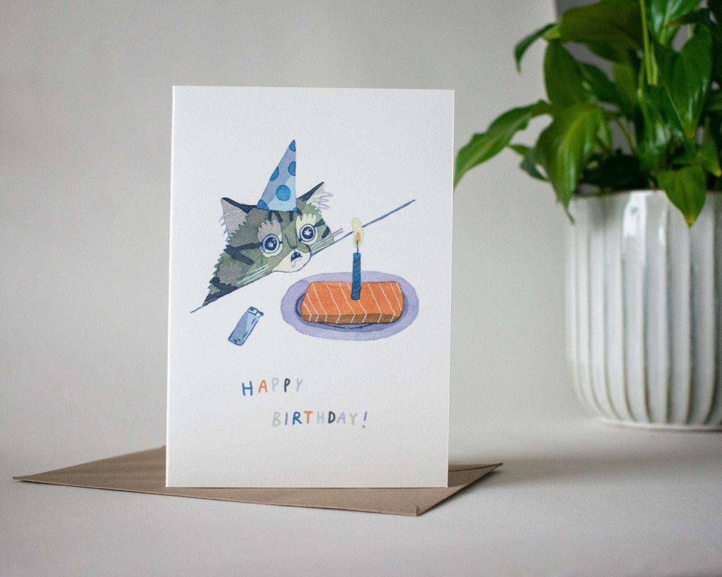 Happy Birthday Cat Card | Greeting Card of original watercolor painting for Birthday, kids and childrens 1st Birthday