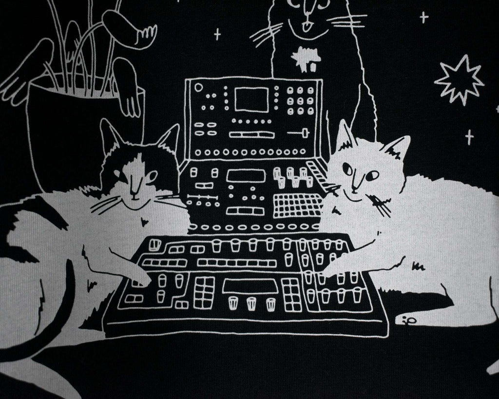 Illustrated Cats on Synthesizer T-Shirt: Hand Screen Printed Organic Cotton