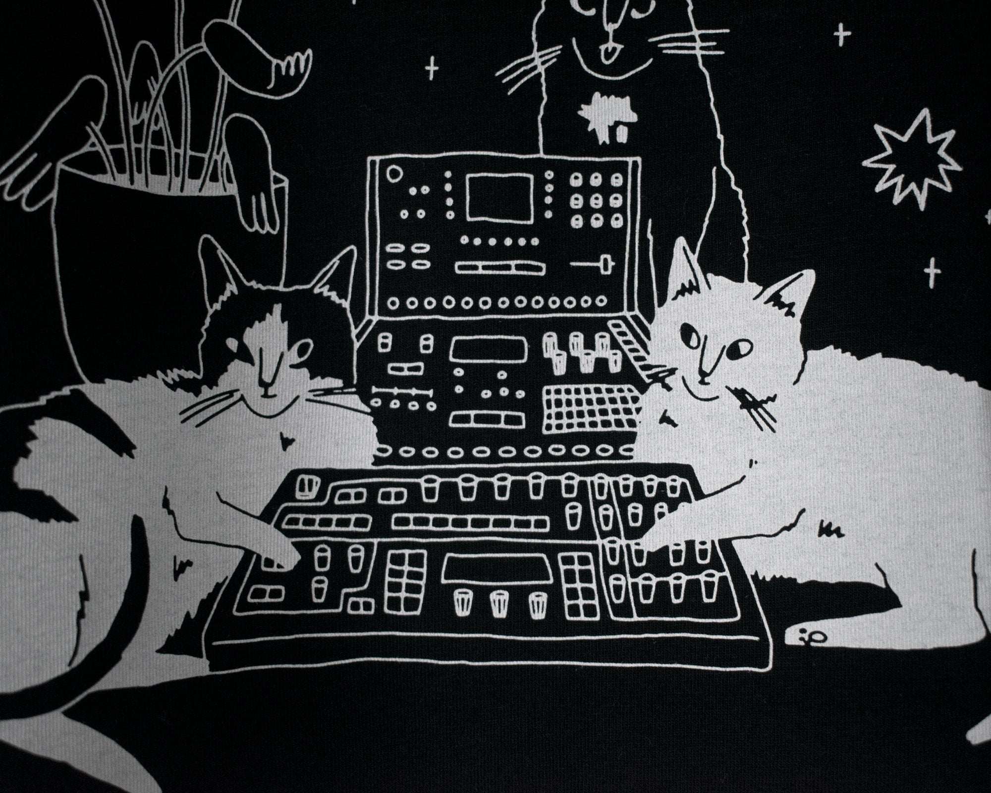 Illustrated Cats on Synthesizer T-Shirt: Hand Screen Printed Organic Cotton