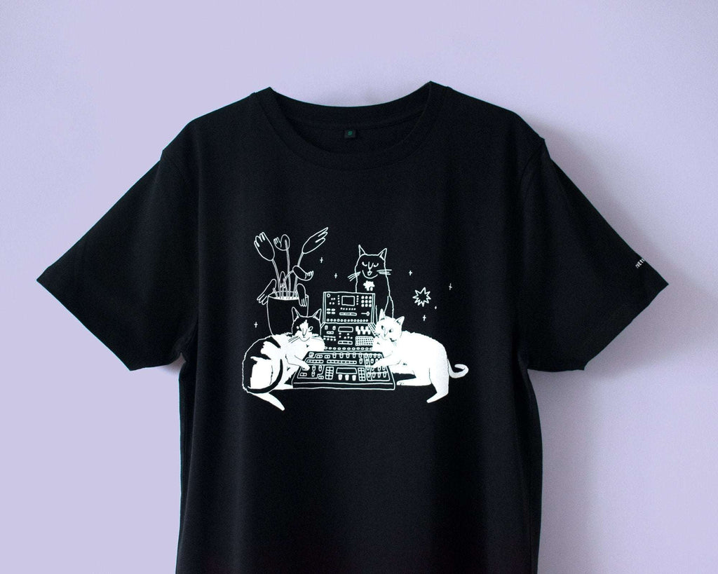 Illustrated Cats on Synthesizer T-Shirt: Hand Screen Printed Organic Cotton