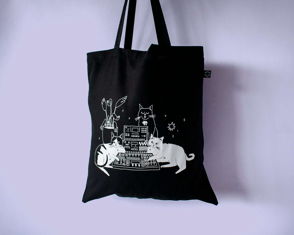 Cats on synths | Cat Tote Bag, Organic Cotton Bag, Tote Bag, Reusable Tote Bag, Animal Tote, Fabric Tote Bag, Screen Print, Cat Illustration