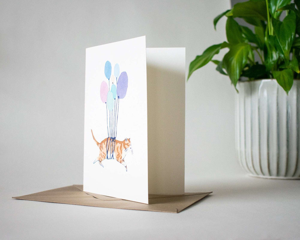 Balloon Cat Greeting Card: Watercolor Birthday, Baby Shower