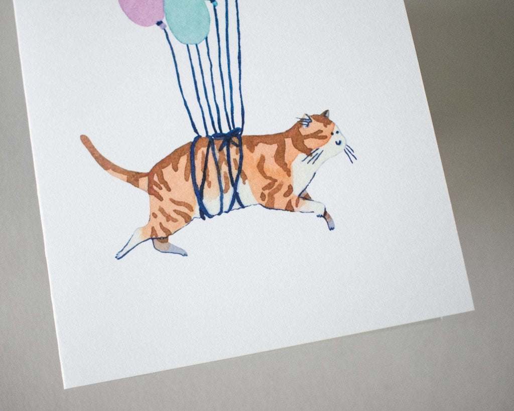 Balloon Cat Greeting Card: Watercolor Birthday, Baby Shower