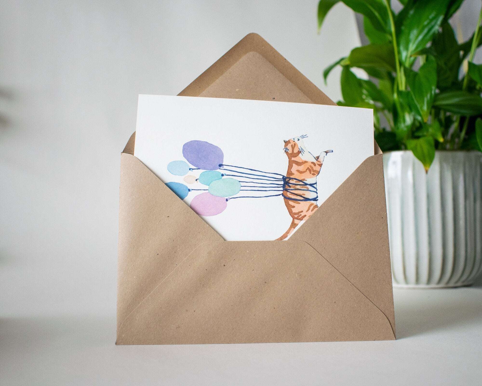 Balloon Cat Greeting Card: Watercolor Birthday, Baby Shower