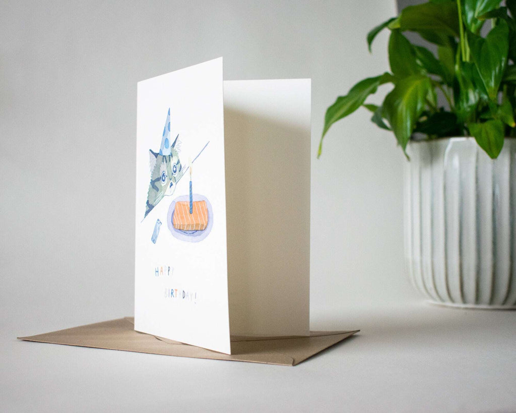 Happy Birthday Cat Card | Greeting Card of original watercolor painting for Birthday, kids and childrens 1st Birthday