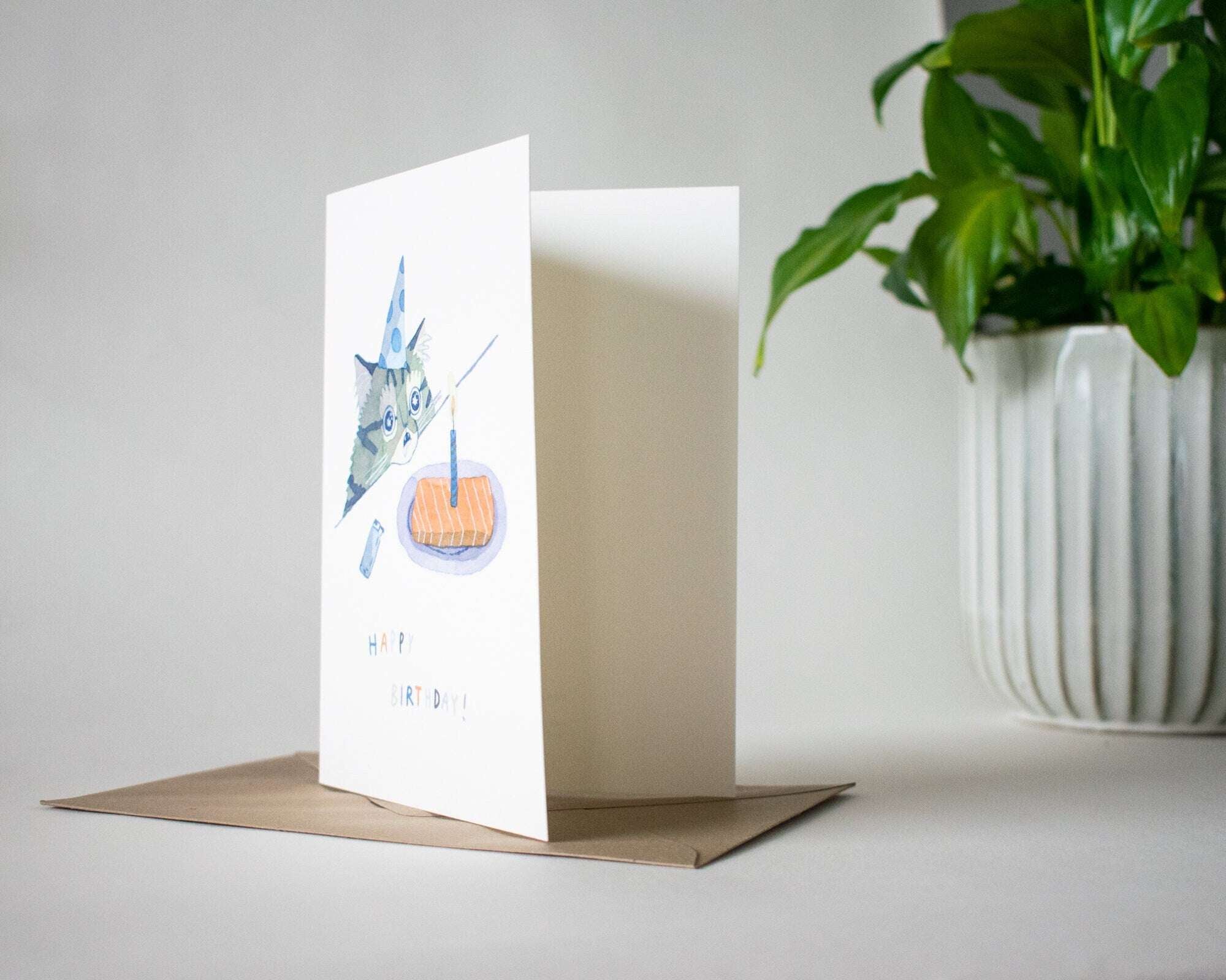 Happy Birthday Cat Card | Greeting Card of original watercolor painting for Birthday, kids and childrens 1st Birthday